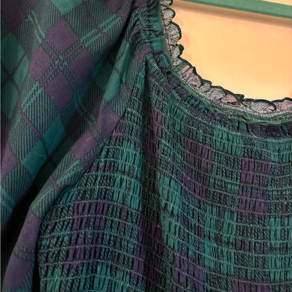 Plaid Tartan Forest Green and Blue Off-the-shoulder Dark Academia XL Dress - Picture 3 of 6